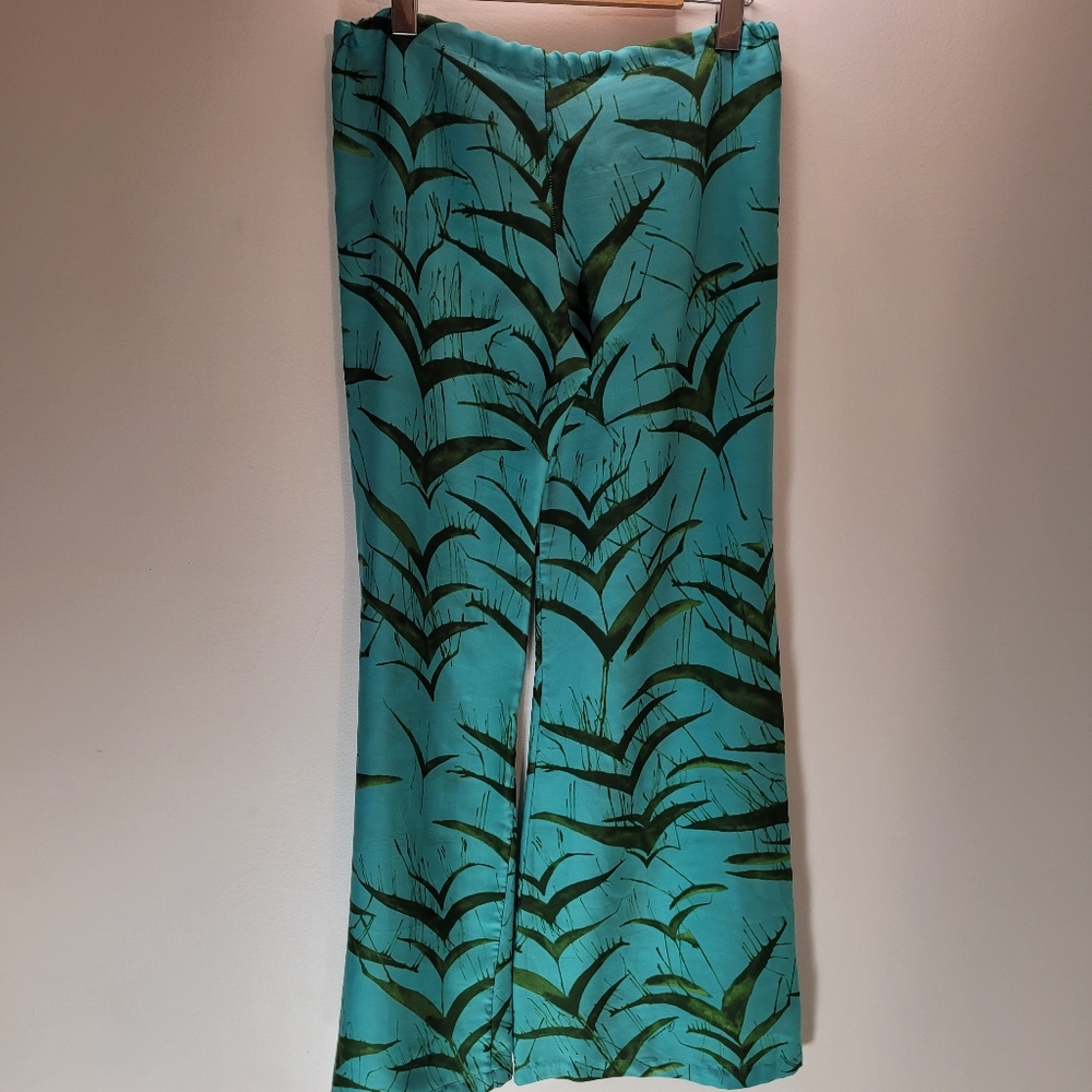Ramona La Rue By Arianne 100% Crepe Teal Green Leaf Print Flowy Pants - S - Picture 3 of 8
